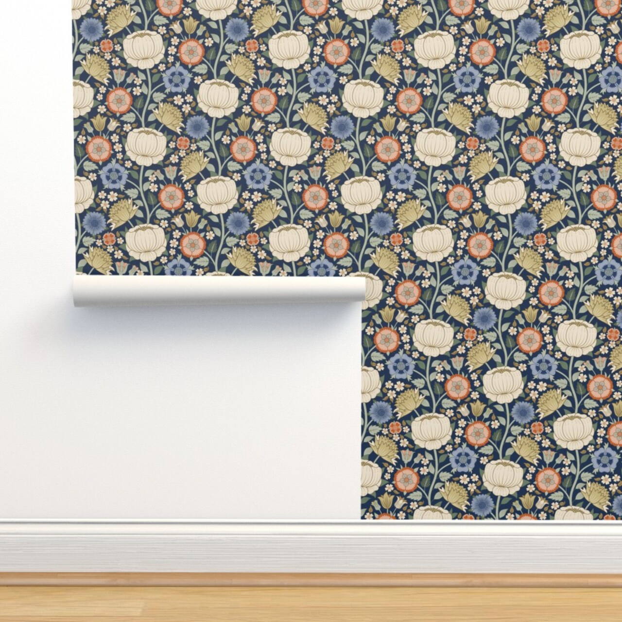 Arts And Crafts Antique Graphic Hand Drawn Flowers Victorian Renaissance Baroque Blue Beige Custom Removable Wallpaper by Spoonflower Peel & Stick Wallpaper 2FT Wide